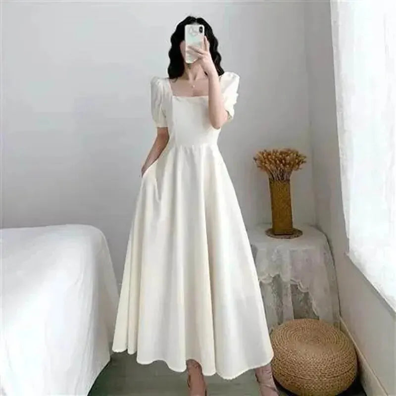 Slim Fit Women White Square Collar Lightweight Dress Bubble Sleeves High Waist Plus Size Korean Style Comfortable Casual