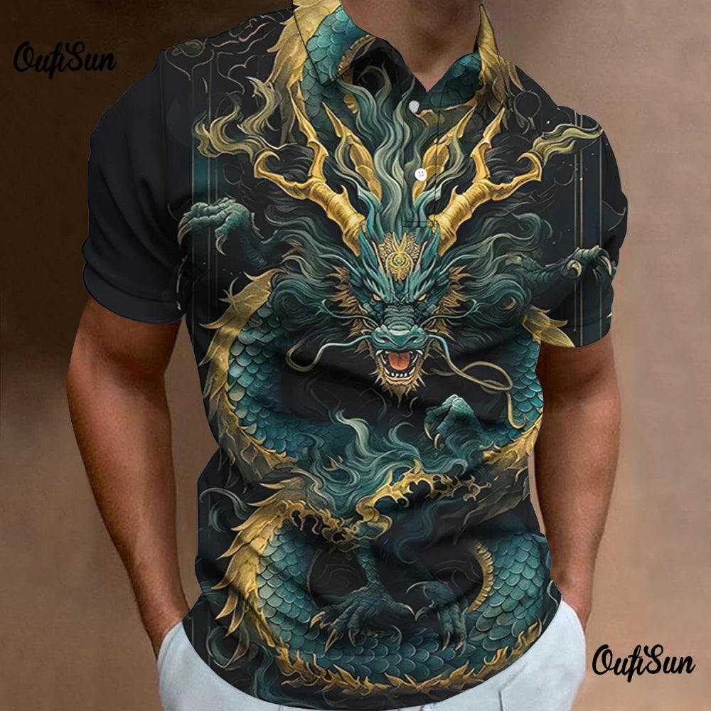 Dragon Pattern Polo Shirt For Men Fashion Short Sleeved Animal Tops Breathable Casual Men's Clothing New Style Polos Para Hombre