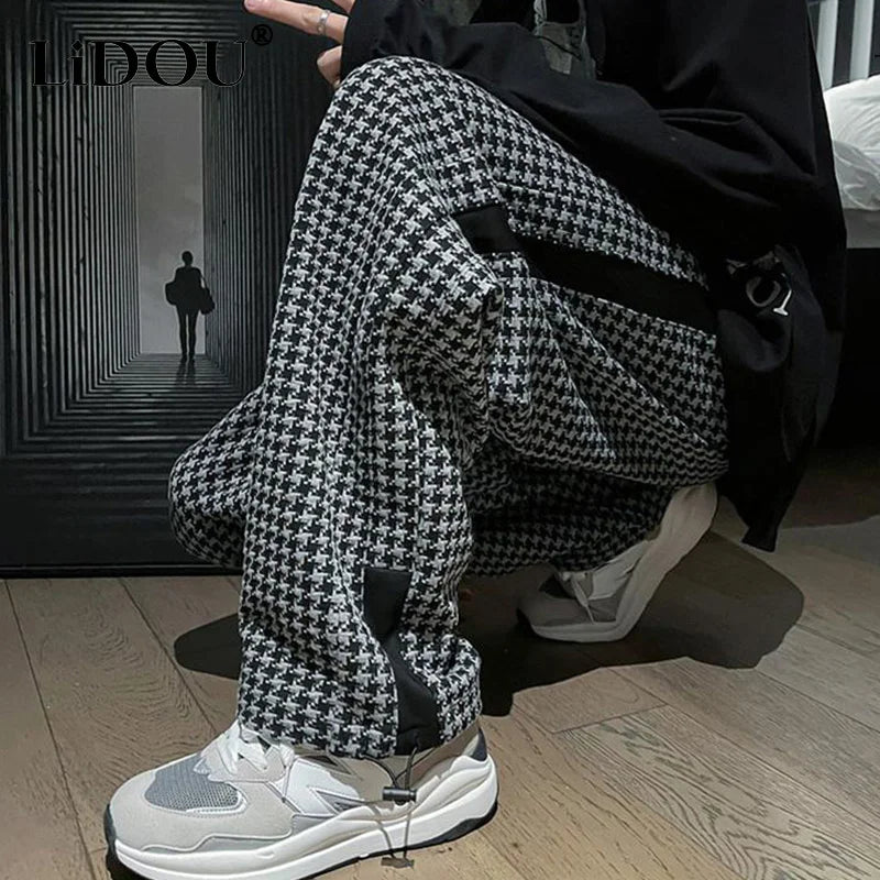 Spring Autumn Houndstooth Fashion Korean Trousers Man Loose Pants Casual Sweatpants Vintage All Match Streetwear Male Clothes