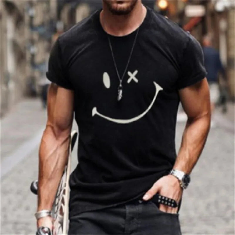 Summer Trend New Smiling Face 3D Printing Men's T-Shirt Round Neck Hip-Hop Sports Wind Speed Dry Smooth Breathable Short Sleeve