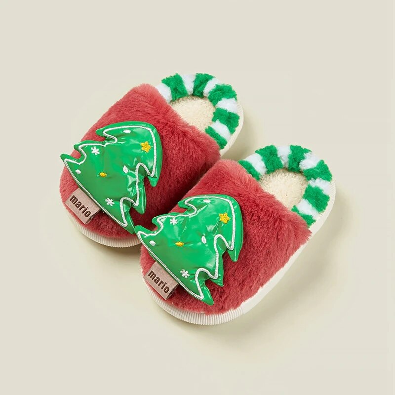 Lioraitiin Kids Baby Winter Slippers Christmas Tree Fluffy Warm Plush Slippers Non Slip House Shoes for Toddlers Indoor Outdoor