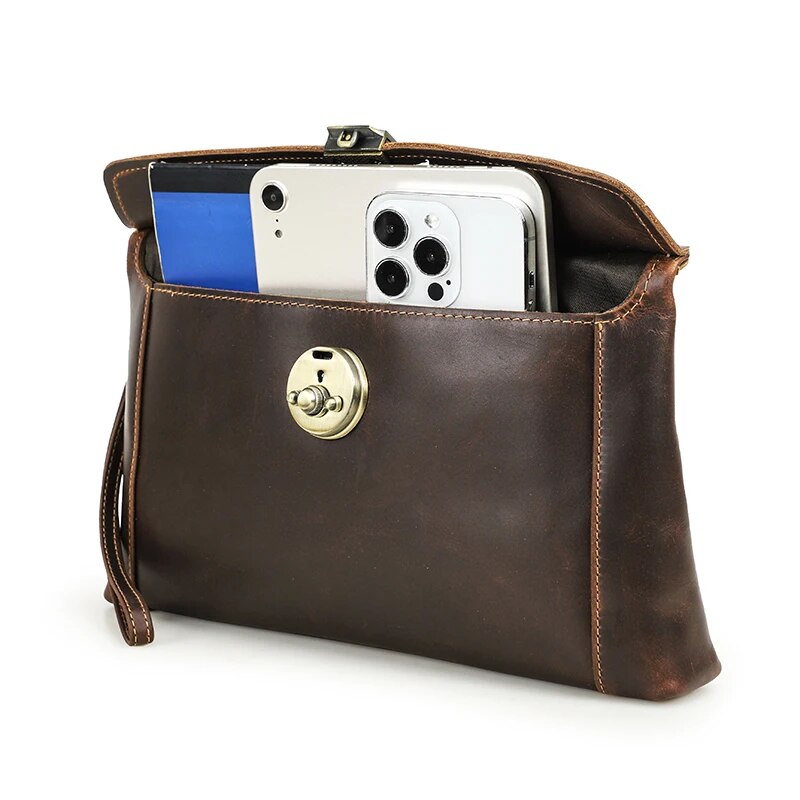 CONTACT'S Men Clutch Bags Genuine Leather Clutch Wallets Push Lock Design Phone Pocket Men's Bags Handbags for 8.3 iPad Mini