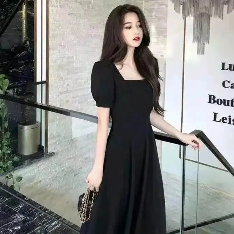 Slim Fit Women White Square Collar Lightweight Dress Bubble Sleeves High Waist Plus Size Korean Style Comfortable Casual