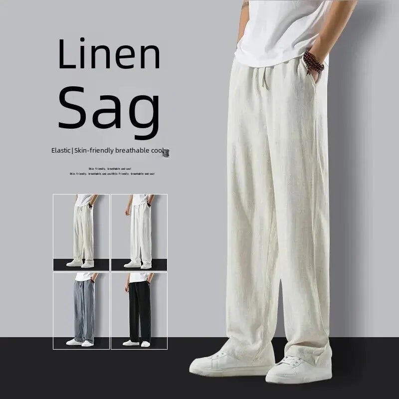 Men Summer Thin Breathable Slim Fit Casual Loose Trousers Large Size Cotton Linen Fabric Suitable Middle-Aged Elderly