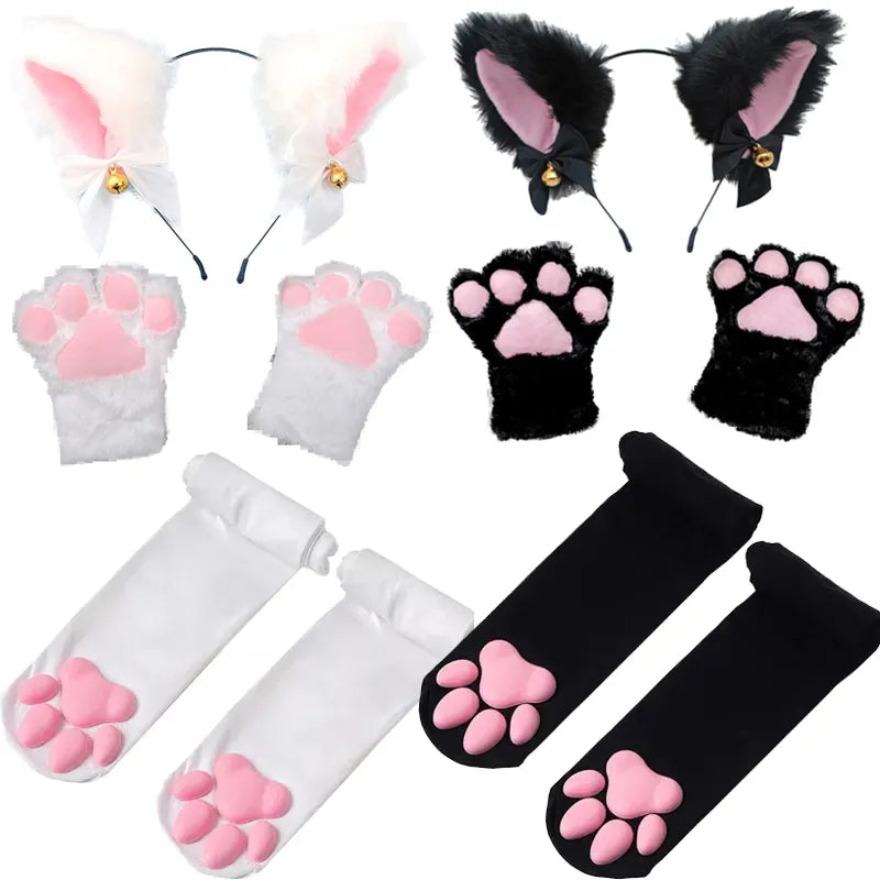 4pcs Lovely Cat Ear Hairband Claw Gloves Girls Anime Cosplay Costume Plush Cat Fur Ear Stocking Night Party Club Headbands