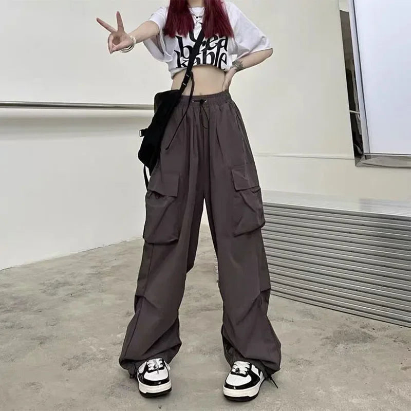 Solid Casual Baggy Cargo Pants For Women 2023 Fashion Vintage Women's High Waist Wide Pants Youthful Female Trousers Streetwear