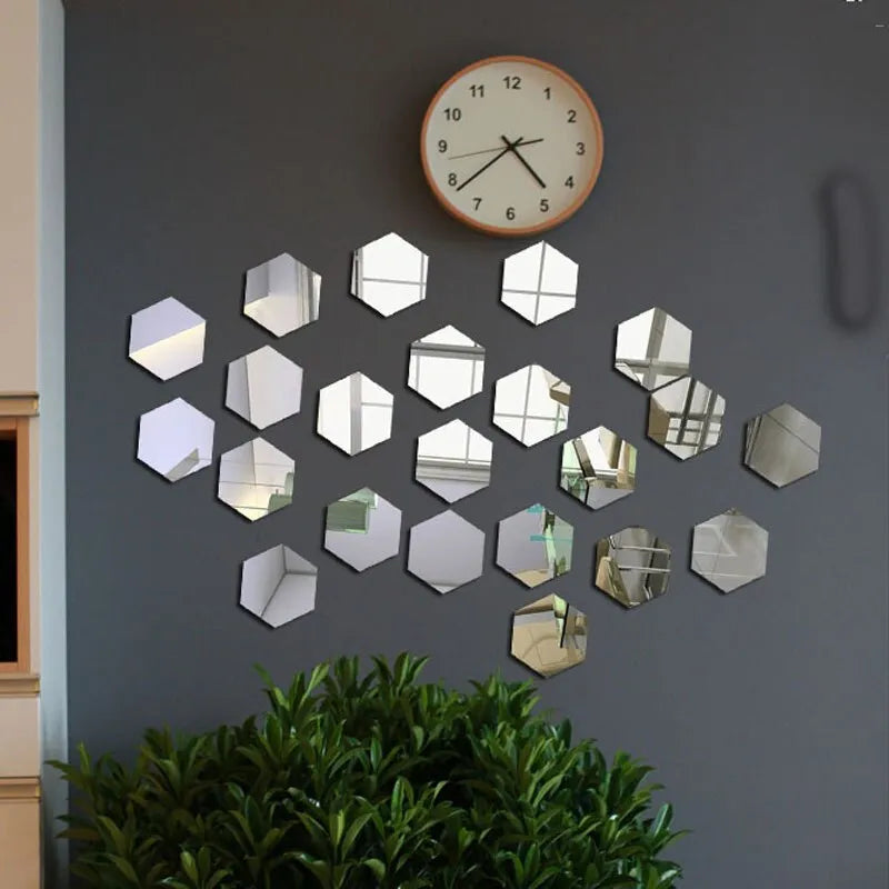 24pcs/set 3D Acrylic DIY Self-adhesive Decorative Decal Hexagonal Geometric Mirror Wall Pasted Hexagon