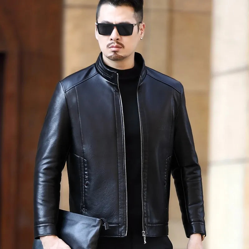 YXL-221 Natural Leather Jacket Men's Stand-up Collar Business Casual Fur One-piece Men's Super Soft SE Plush Liner Warm Jacket