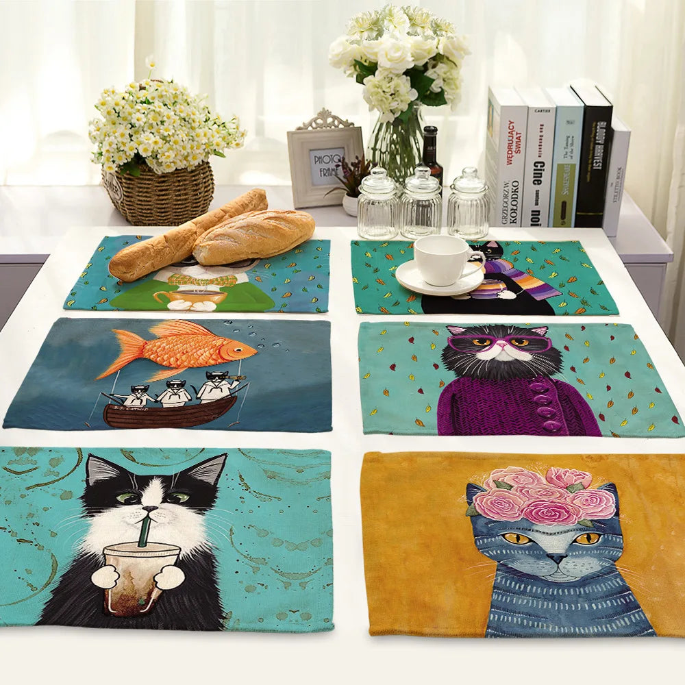 42x32cm placemat for dining table Cute Cat Cartoon Animal mat Coaster Creative Printed Heat-resistant Kitchen Dining Accessories