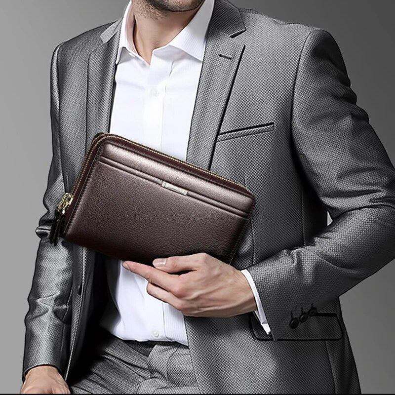 Men's Long Wallet Zipper Leather Large Phone Holder Bag Business Clutch Handbag Multifunction Wallet Commerce Style