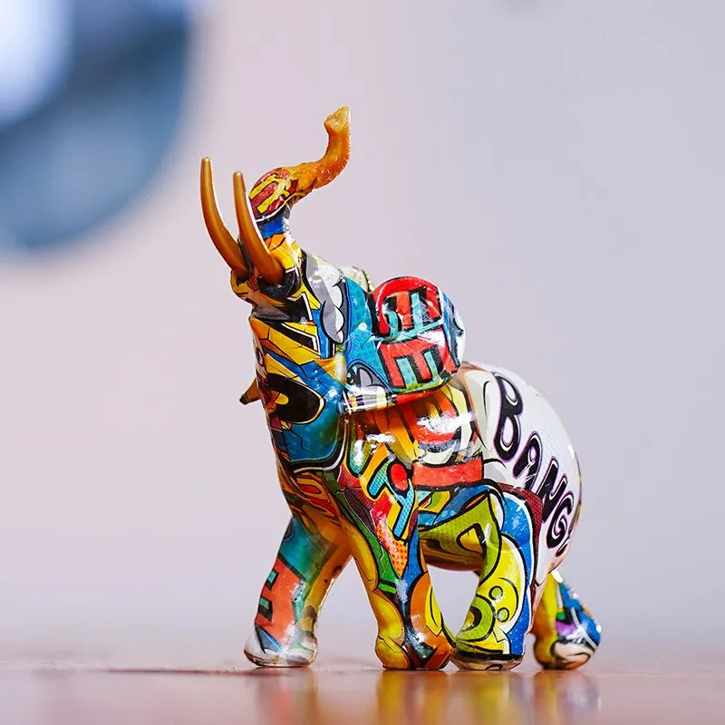 Resin Colorful Transfer Printed Elephant Figurines Modern Art Ornaments Animal Feng Shui Home Interior Office Decor Accessories