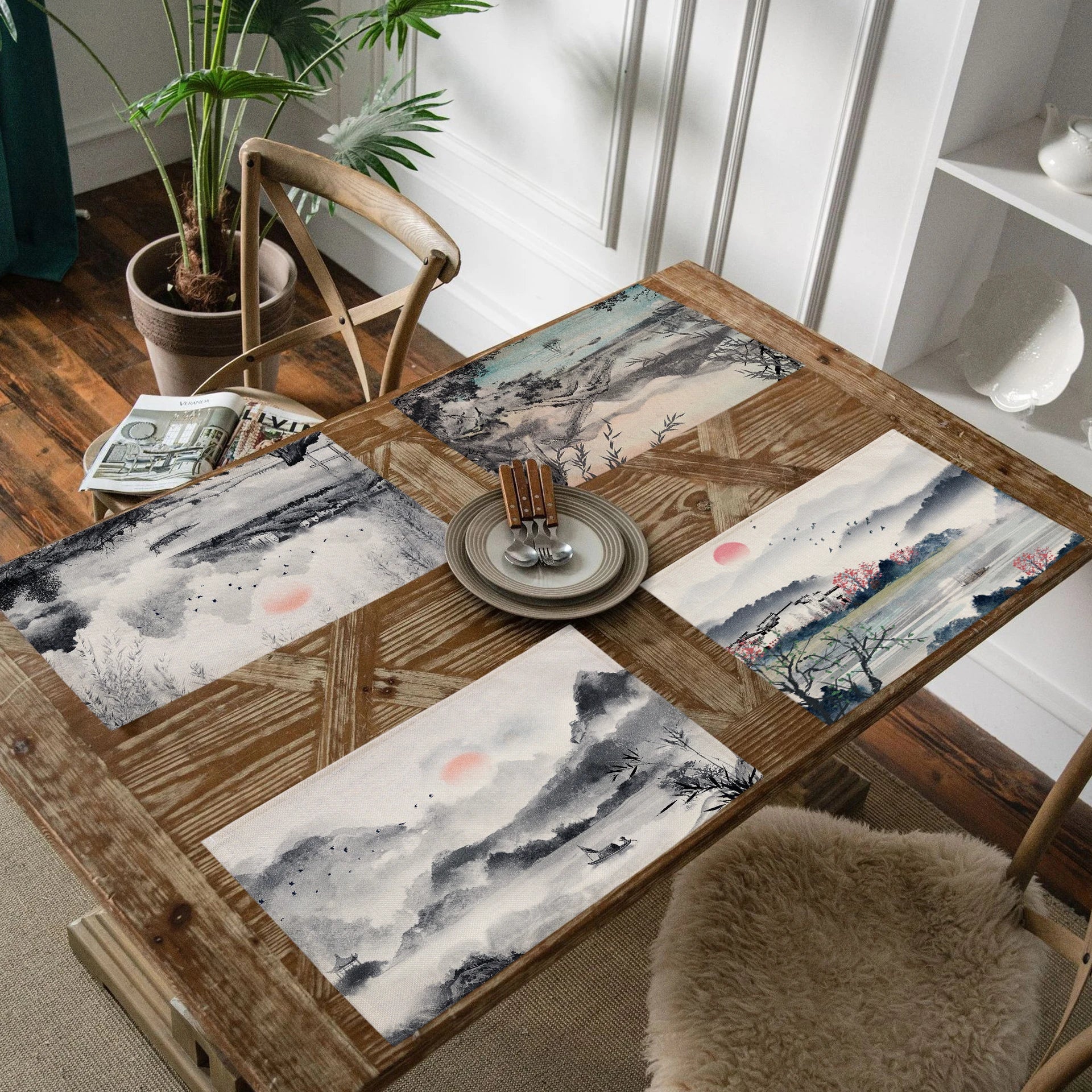 Chinese Landscape Ink Painting Placemat Kitchen Decor Linen Dining Table Mats Coaster Pad Bowl Coffee Cup Mat Tablecloth 42x32CM