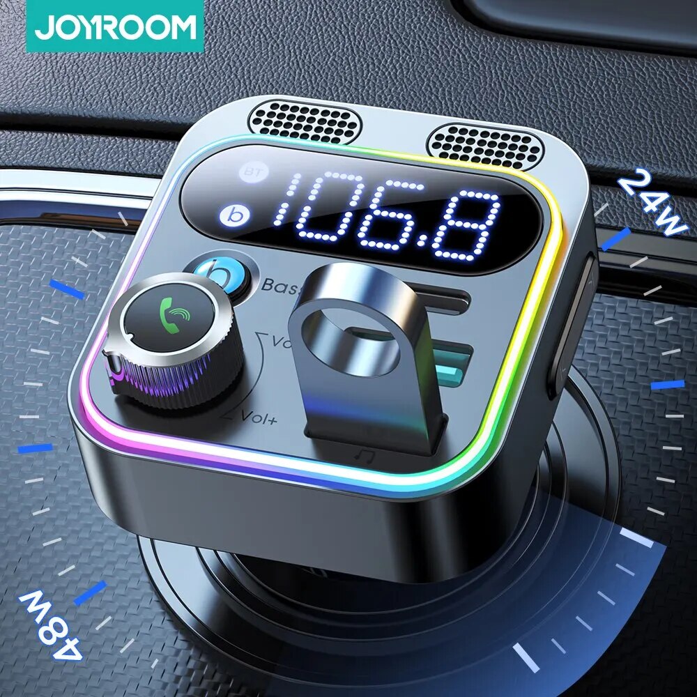 Joyroom Bluetooth 5.3 FM Transmitter for Car Stronger Dual Mics Deep Bass Sound 48W PD&QC3.0 Fast Car Charger Bluetooth Adapter