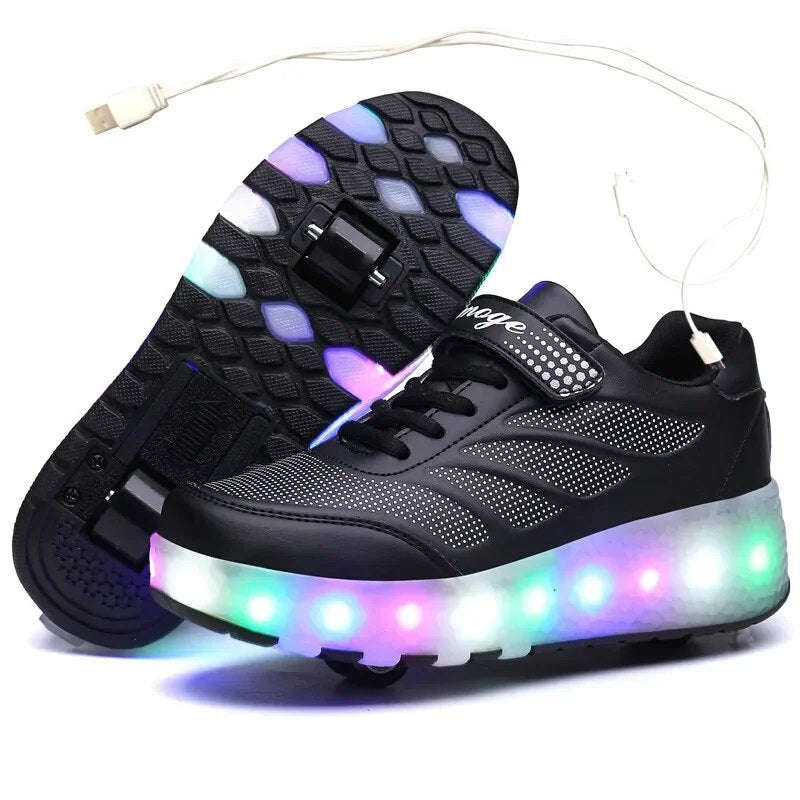 USB Charging Black Two Wheels Luminous Sneakers Led Light Roller Skate Shoes for Children Kids Led Shoes Boys Girls Shoes 28-43