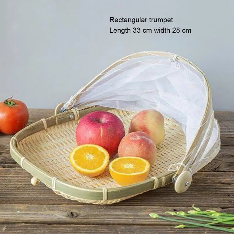 Hand-Woven Food Bamboo Kitchen Organizers Basket Tray Fruit Vegetable Bread Storage Basket Outdoor Picnic Mesh Net Cover