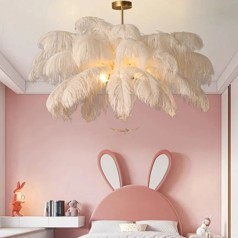 Nordic White Ostrich Feather Pendant Light Modern Led Ceiling Chandelier for Living Dining Room Children's Bedroom Hanghing Lamp