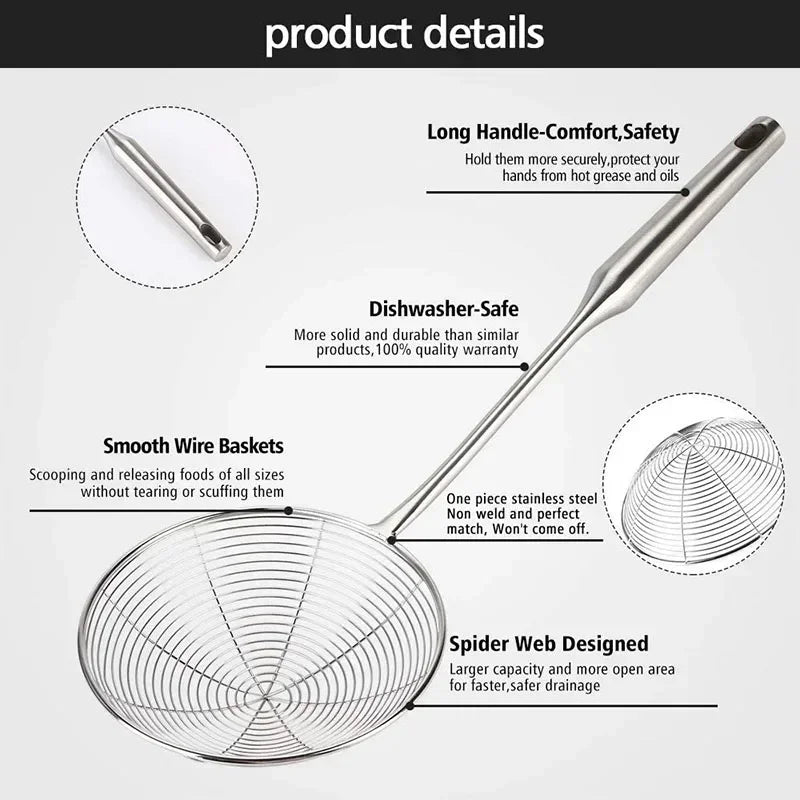 Premium 304 Stainless Steel Spider Mesh Strainer & Colander Ladle Skimmer Cooking Tool Kitchenware Heat-resistant