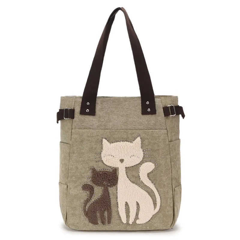 Women Canvas Shoulder Bags Female Cute Cat Plush Rivet Handbag Ladies Casual College School Books Totes Shopping Bag For Girls