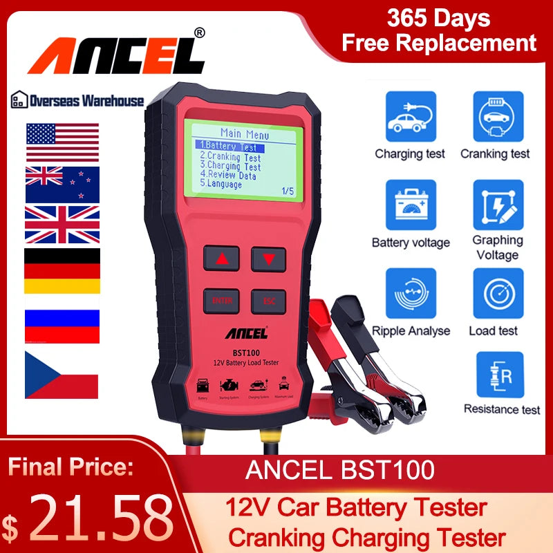 ANCEL BST100 Car Battery Tester 12V 220Ah 2000CCA Multilingual Battery Test Tool for the Car Cranking Charging Test PK BM550