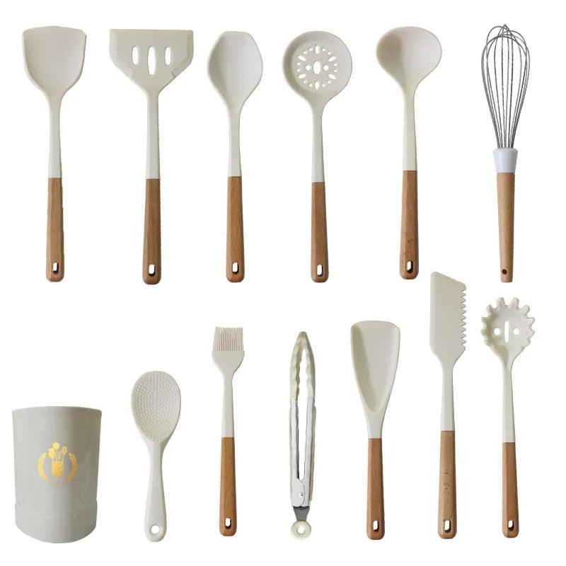 Non-stick Silicone Cooking Utensils Set Kitchenware Wooden Handle Spatula Spoon Turner Soup Ladle Whisk Cookware Kitchen Tools