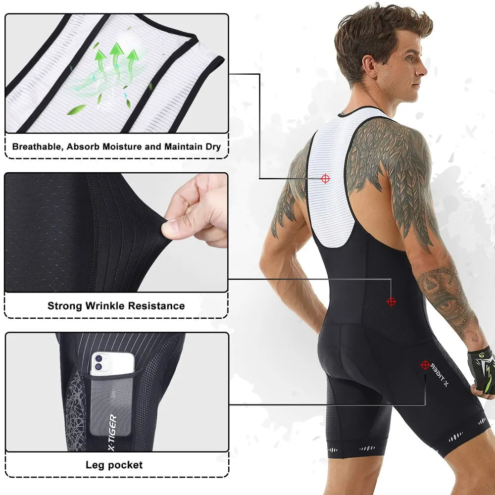 X-TIGER Cycling Bib Shorts 5D Gel Pad Mountain Bike Shorts Bretelle Pockets Outdoor Breathable UPF50+ Bike Tight Bicycle Shorts