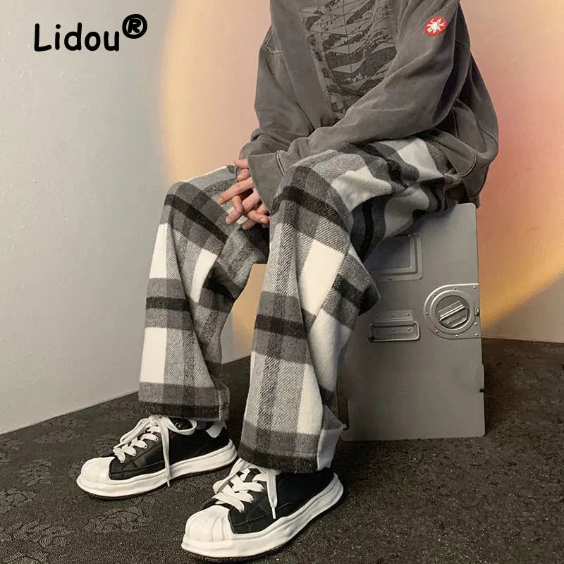 Spring Autumn Vintage Plaid Korean Casual Wide Leg Pants Man Woolen Streetwear Straight Fashion Loose Trousers Pantalon Homme