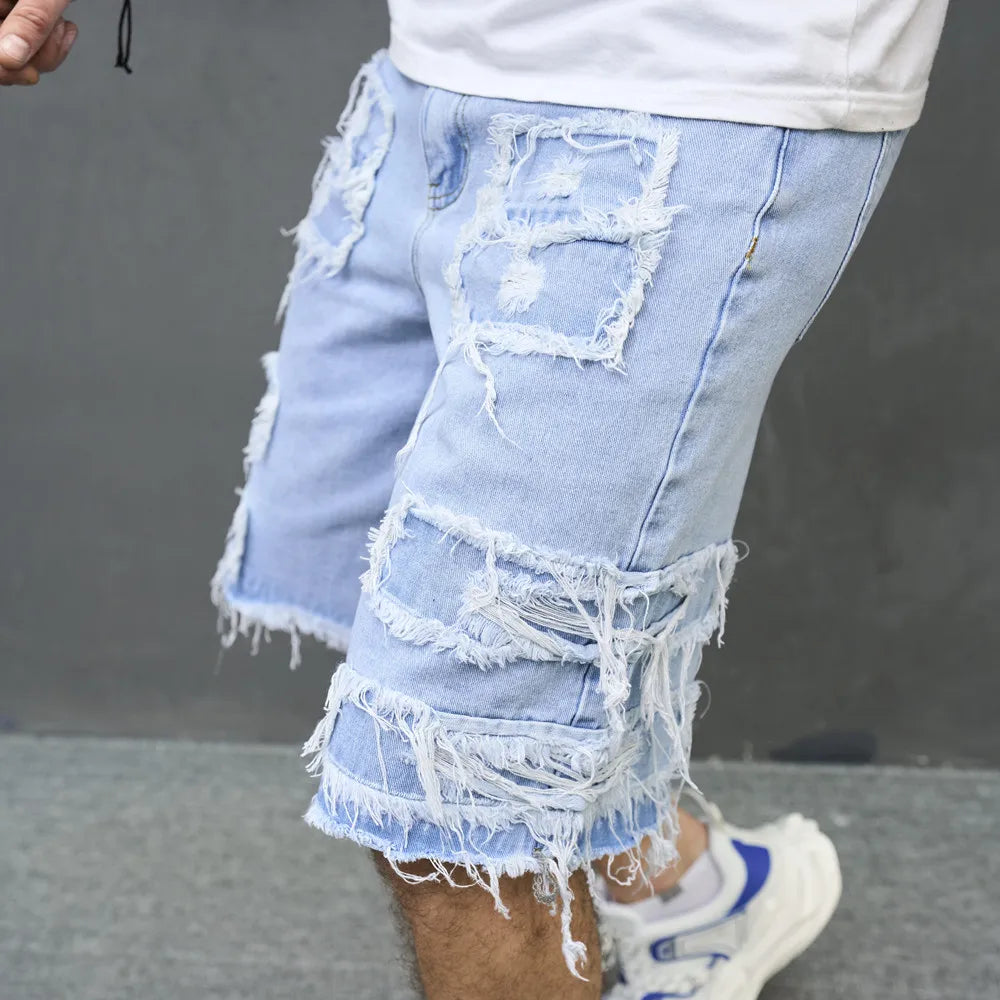 2023 Summer Men Streetwear Ripped Patch Denim Shorts Stylish Solid Casual Straight Male Jeans Five-point Pants