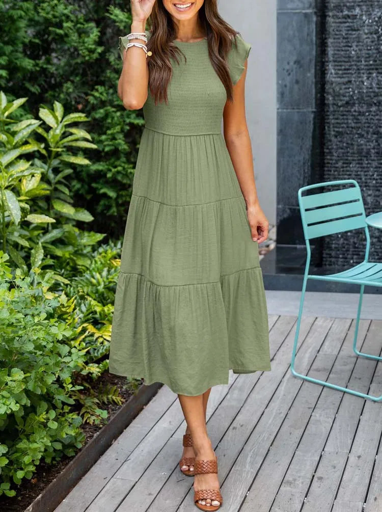 2023 Summer Fashion Casual Pleated A Line Women's Dress Fashion Elegant Chic Solid O-neck Flying Sleeve Long Dresses For Women