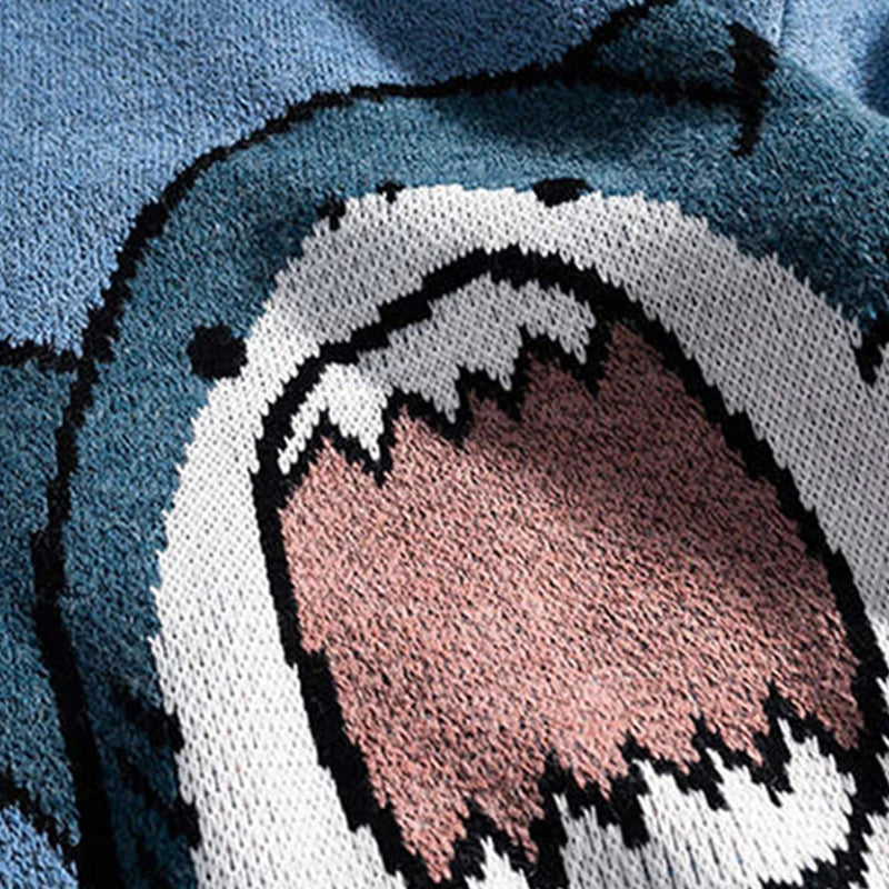 Shark Sweater Men Winter Cartoon Harajuku Korean Y2k Oversized Turtleneck Hip Hop Loose Knit Jumper Pullover High Collar Sweater