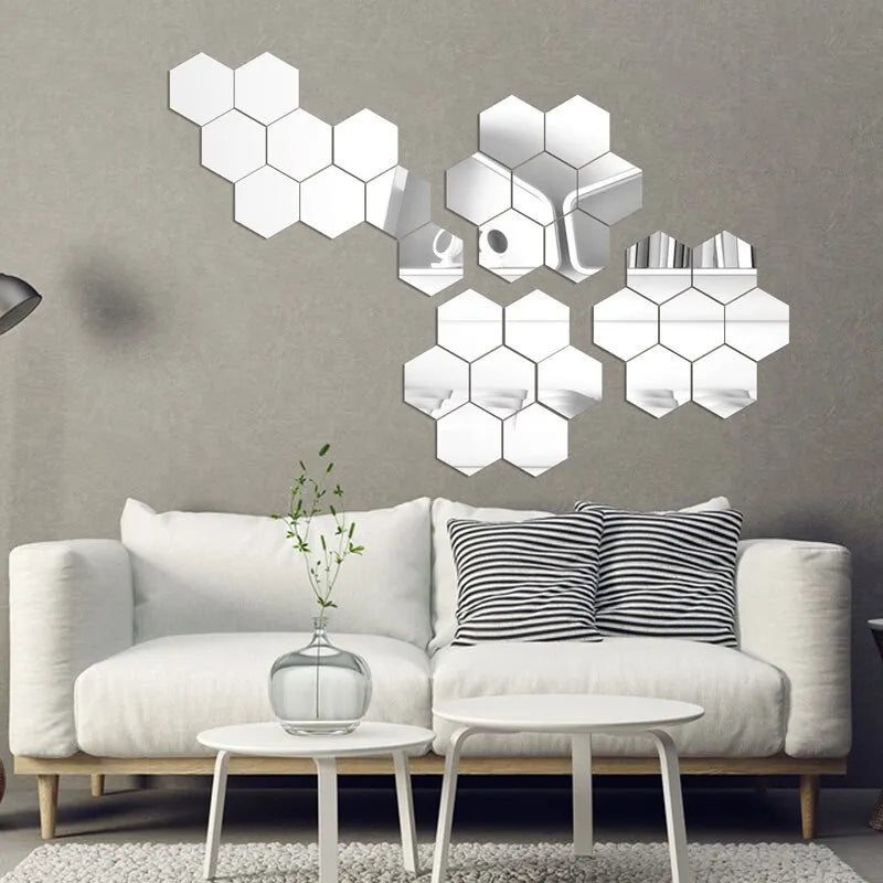 24pcs/set 3D Acrylic DIY Self-adhesive Decorative Decal Hexagonal Geometric Mirror Wall Pasted Hexagon