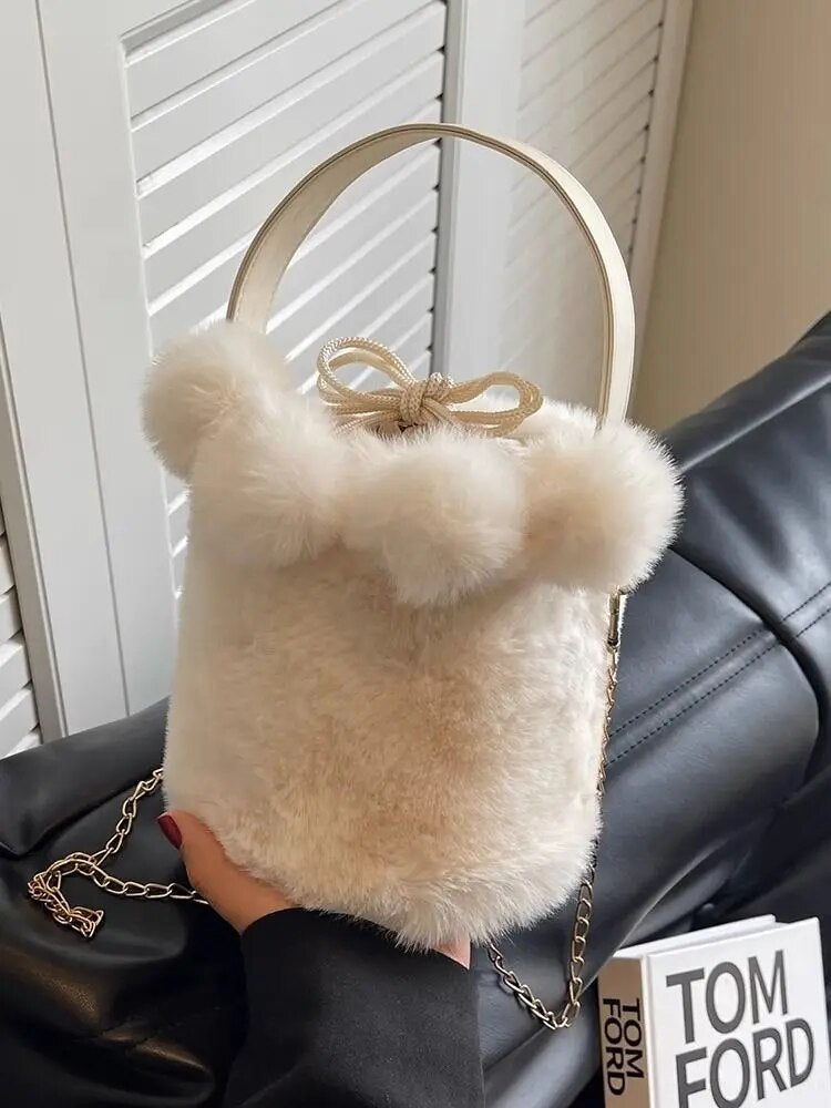 Artificial Fur Solid Color Handbag 2023 Winter New Soft Plush Women's Designer High Capacity Handbag Shoulder Wallet Bucket Bag