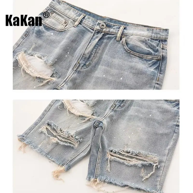 Kakan - New Summer Distressed Denim Shorts for Men, Korean Youth Popular Slim Fitting Small Leg Quarter Pants Jeans K58-DK322