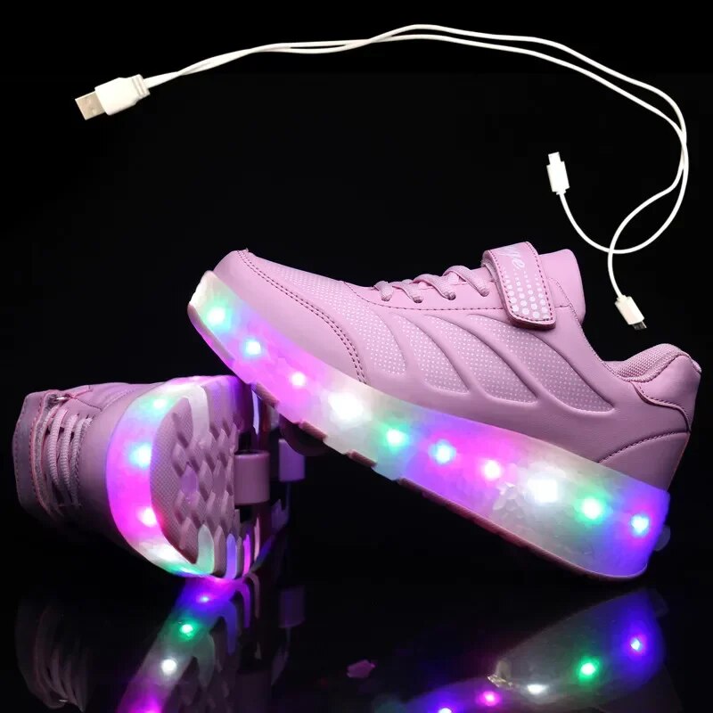 USB Charging Black Two Wheels Luminous Sneakers Led Light Roller Skate Shoes for Children Kids Led Shoes Boys Girls Shoes 28-43