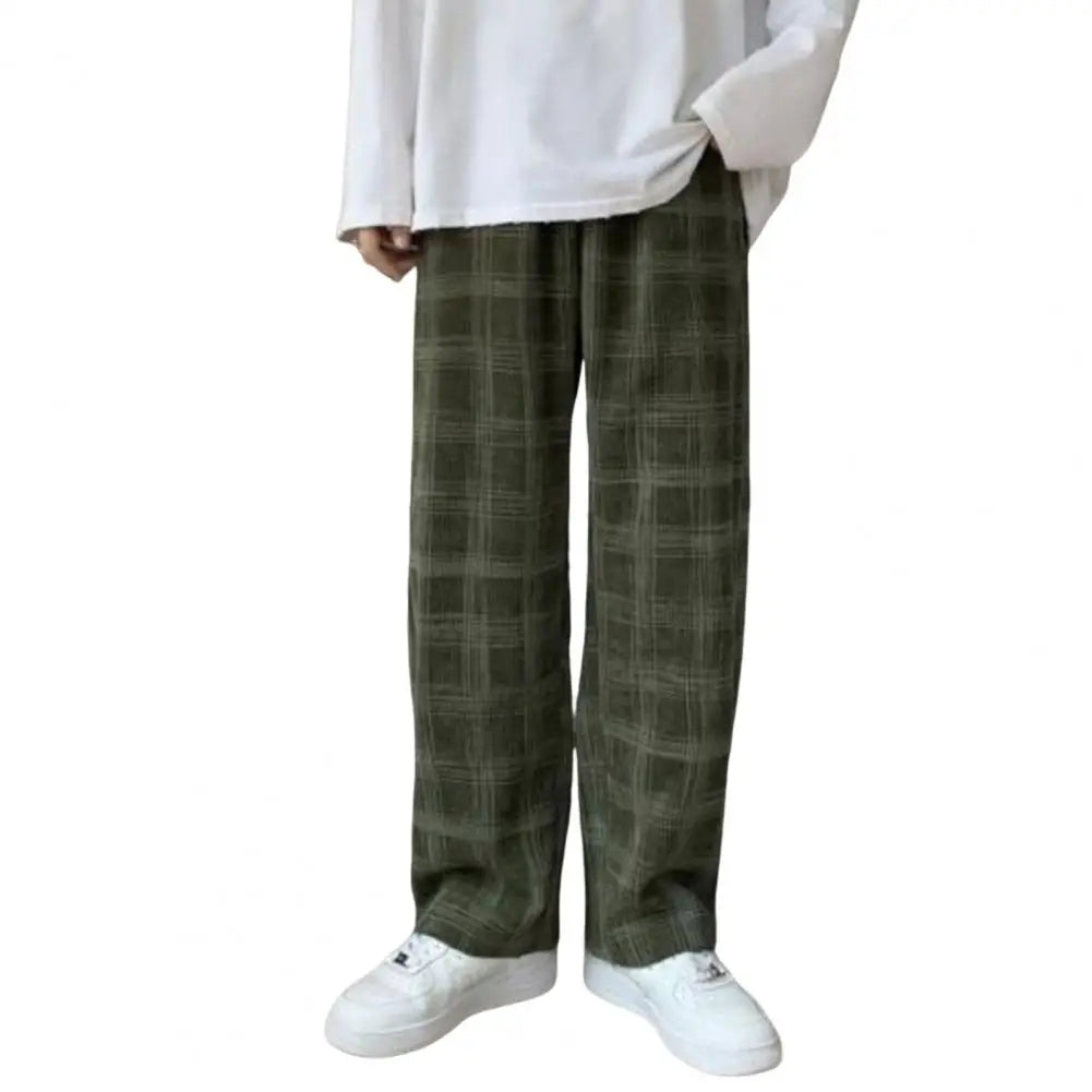 Mid-Rise Elastic Waistband Men Pants Pockets Straight Wide Leg Casual Trousers Plaid Print Drawstring Loose Corduroy Pants