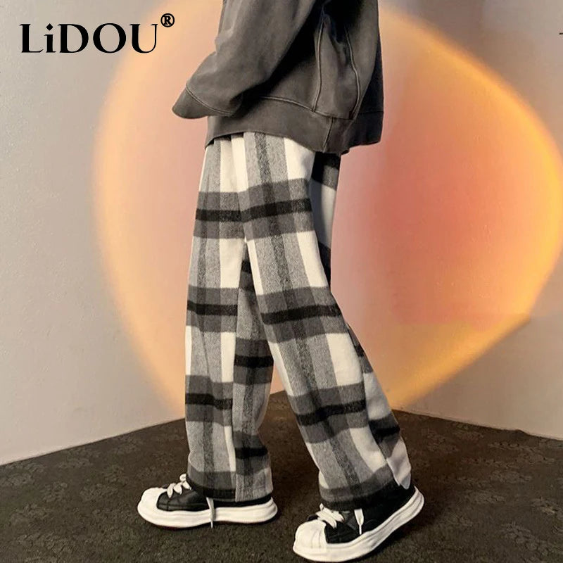 Spring Autumn Vintage Plaid Korean Casual Wide Leg Pants Man Woolen Streetwear Straight Fashion Loose Trousers Pantalon Homme