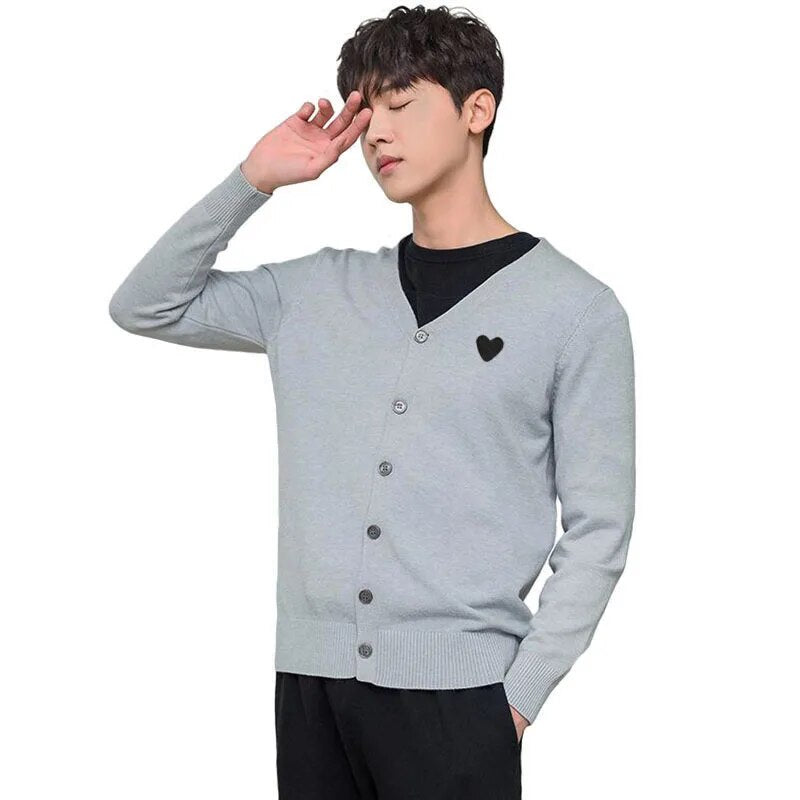 Men Cardigan Heart Eye Embroidered Cotton V-Neck Single Breasted Long Sleeves Spring Autumn Straight Casual Sweater