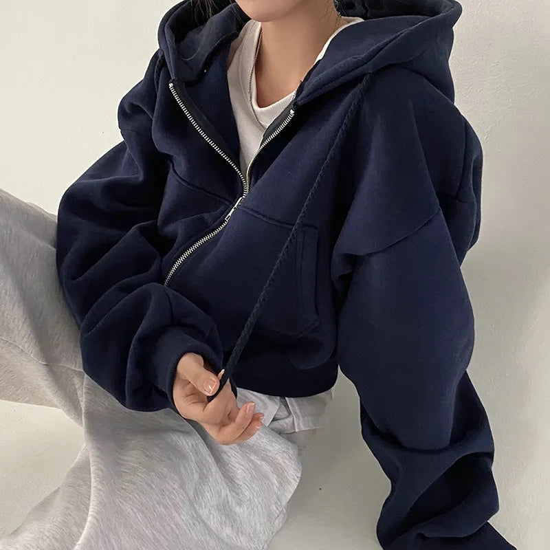 Women Hoodies 2023 Autumn Retro Solid Color Zip Up Oversized Sweatshirts Harajuku Korean Version Long Sleeve Hooded Jackets Coat