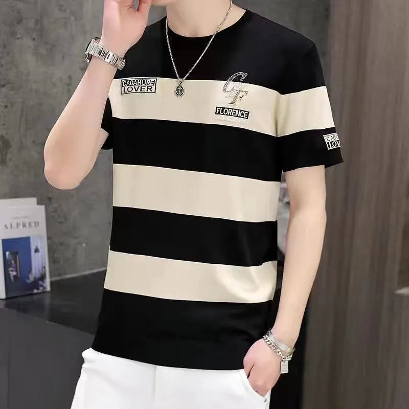 New Ultra-Thin Ice Silk Breathable Short Sleeve Summer Men's Round Neck Striped Slim Fashion Hip Hop Casual T-Shirt XL-XXXL