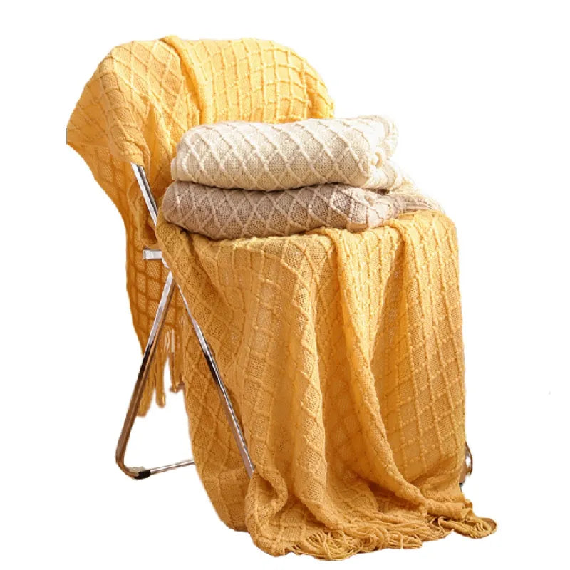 Textile City Faux Cashmere Sofa Blanket Cover Nordic Style Knit Plaid Throw Tassels Bedspread Golden Blanket for Spring Summer