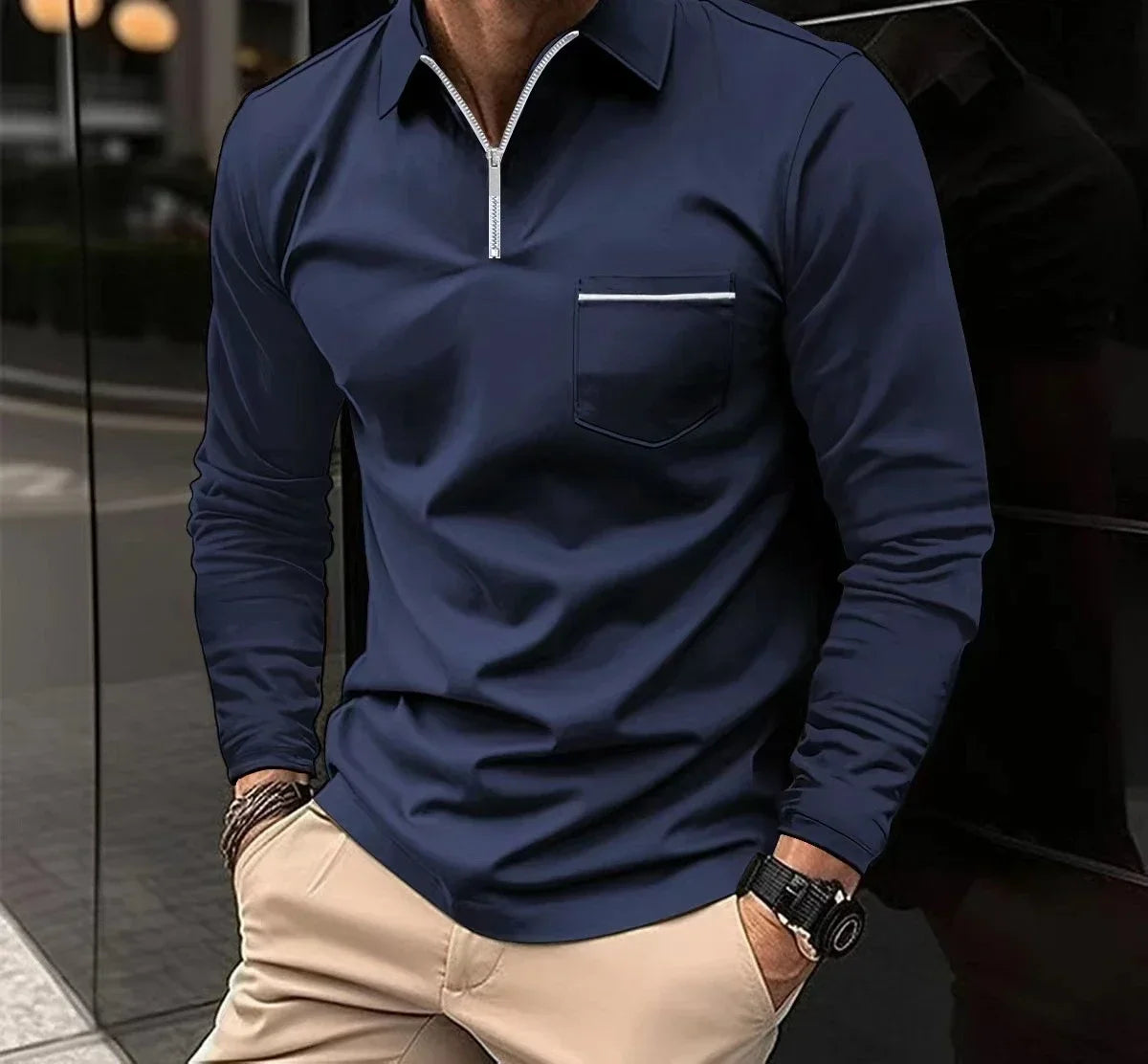 Polo T-shirts for Men Fashion Versatile Casual Solid Color Zip Pocket Long Sleeved Sports Loose Fitting Shirt Autumn New 2024