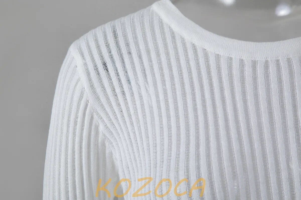 2023 Fashion White Elegant Striped See Through Women Tops Outfits Long Sleeve T-Shirts Tees Skinny Club Party Clothes