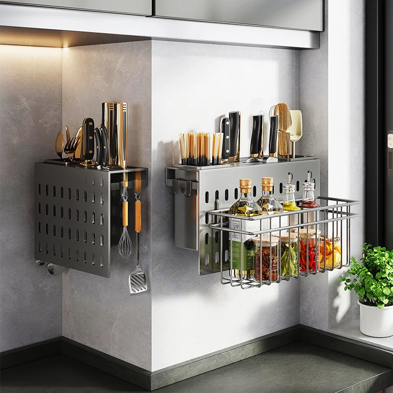 Kitchen Organizer Shelf Wall-mounted Spice Storage Rack Kitchen Knife Holder Wall Seasoning Chopstick Spoon Shovel Storage Sheif