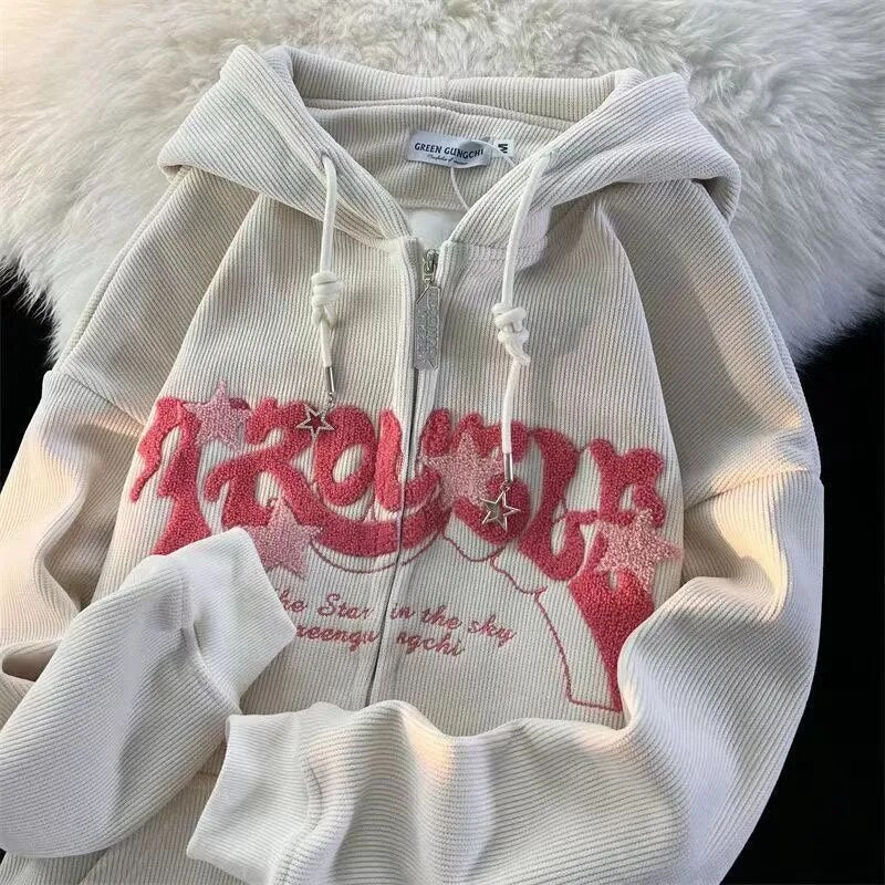 Women Letter Embroidered Hoodies Autumn Winter Vintage Zip Up Loose Hooded Sweatshirts Harajuku Y2K Long Sleeve Jacket Clothes