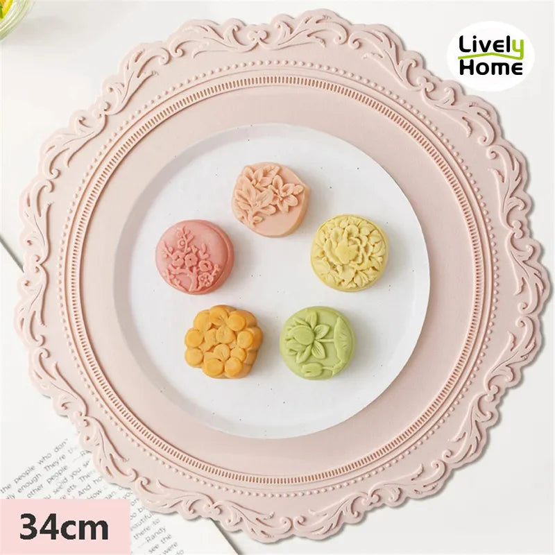 Silicone Placemat Round Flower Coffee Dinner Table Mat 34CM Embossed Pink Coaster Heat Resistant Kitchen Tableware Dining Mat