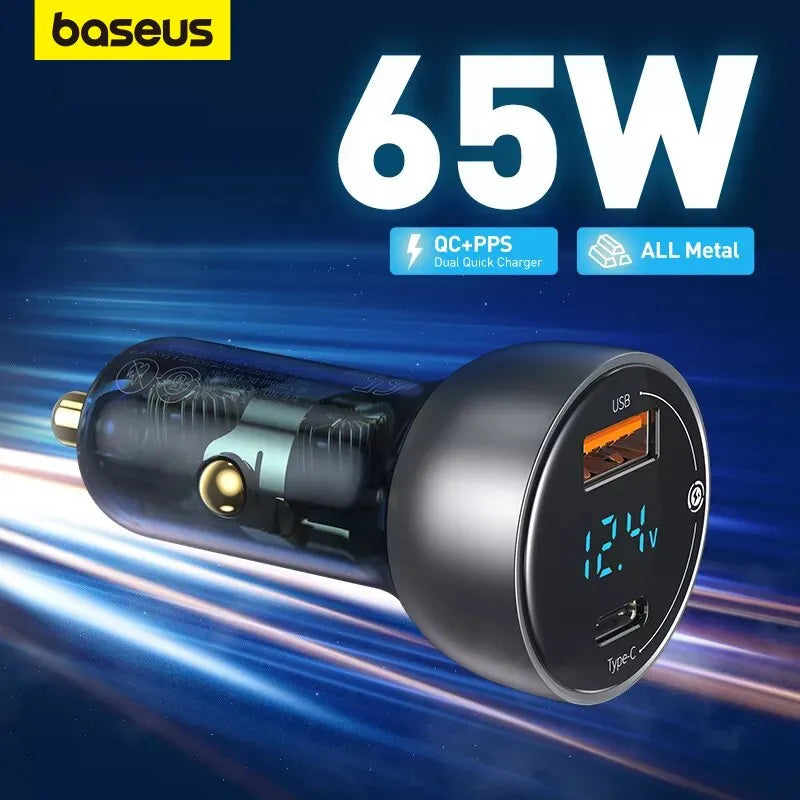 Baseus 65W PPS Car Charger USB Type C Dual Port PD QC Fast Charging For Laptop Translucent Car Phone Charger For iPhone