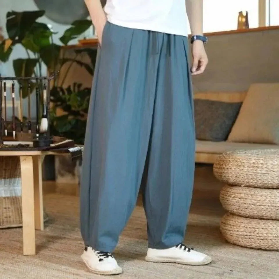 Loose Plus Size Summer Men Linen Pants Large Size Fat Person Wide Leg Casual Nine-Point Pants