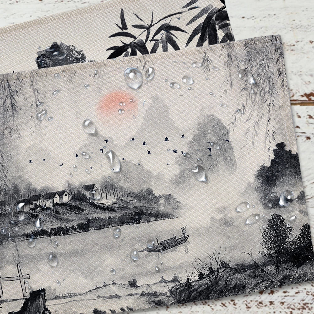 Chinese Landscape Ink Painting Placemat Kitchen Decor Linen Dining Table Mats Coaster Pad Bowl Coffee Cup Mat Tablecloth 42x32CM