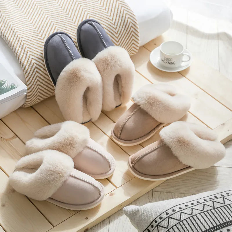 2023 Winter Warm Home Fur Slippers Women Luxury Faux Suede Plush Couple Cotton Shoes Indoor Bedroom Flat Heels Fluffy Slippers