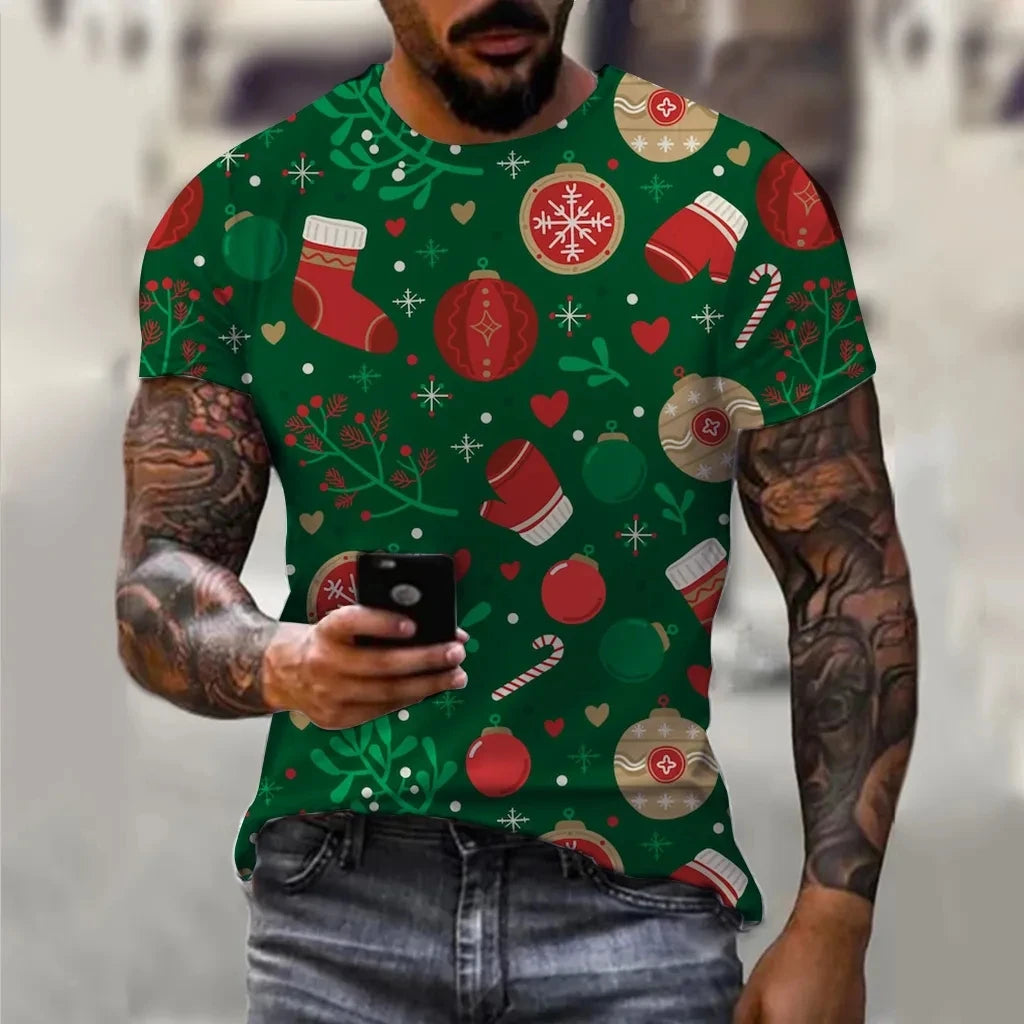 Carnival Party Hip Hop Men's Christmas Elf Santa Claus Printed T-shirt Fashion Trend Round Neck Loose Street Party Men's Round N