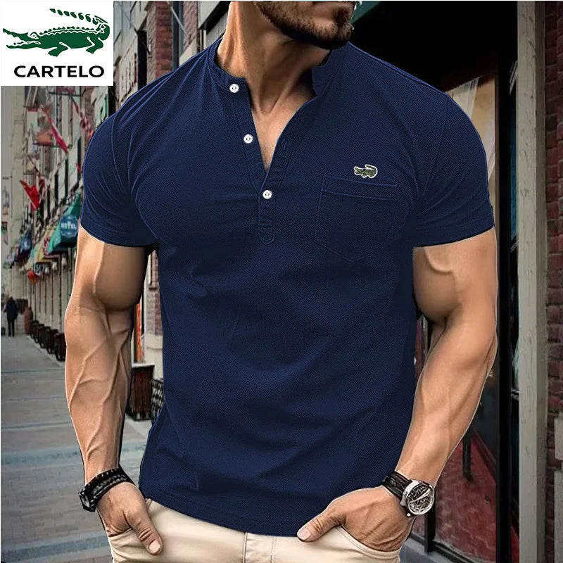 Summer New CARTELO Fashion Trendy Stand Neck Pocket Embroidered Men's Polo Shirt Street Elegant Business Party Short Sleeve